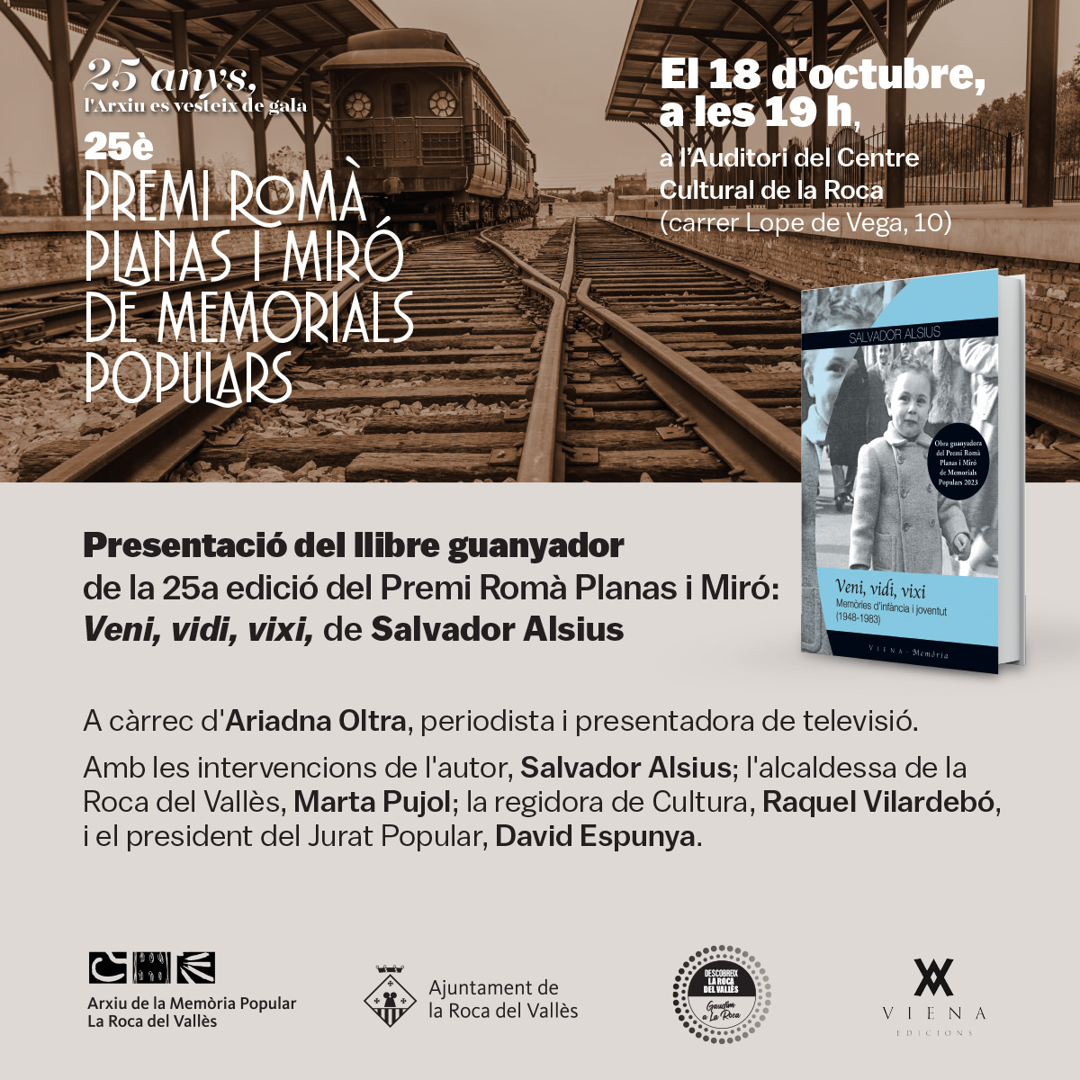 L'Ajuntament convida a la presentació del llibre guanyador de la 25a edició del Premi Romà Planas i Miró: 'Veni, vidi, vixi', de Salvador Alsius