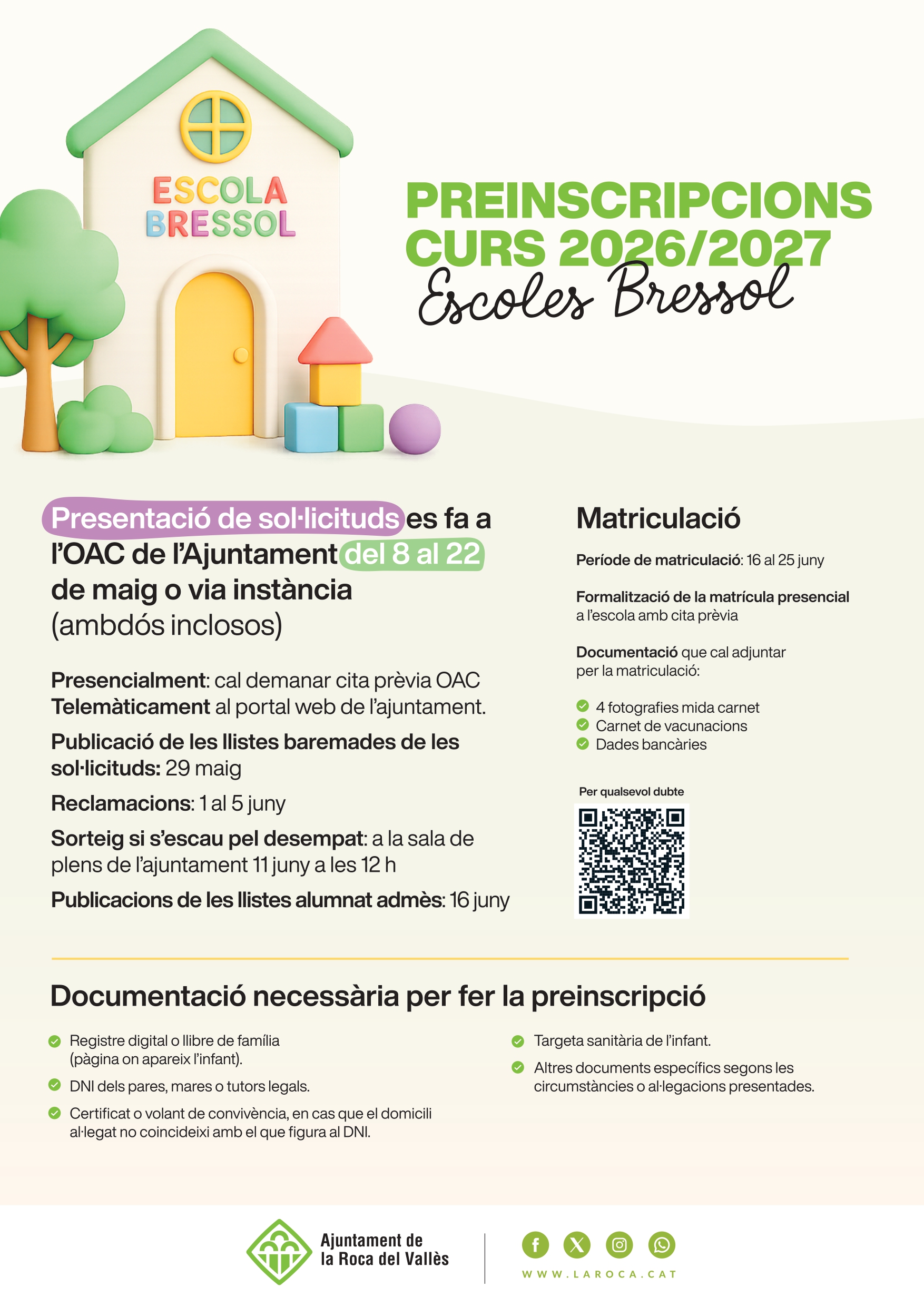 La Roca del Vallès obre el període de preinscripció per a les escoles bressol municipals del curs 2026-2027