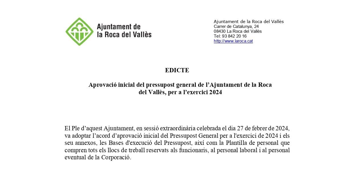 Aprovació inicial del pressupost general de l'Ajuntament de la Roca del Vallès 2024